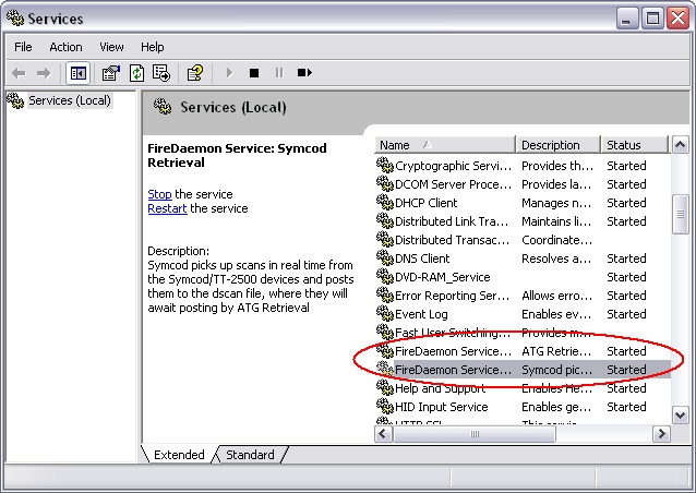 Windows Services Manager with Symcod selected