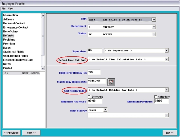 employee profile defaults page